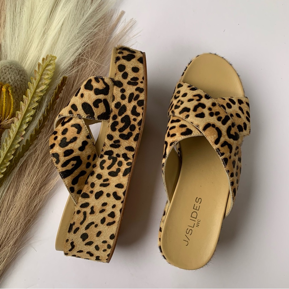 J/Slides Dyed Calf Hair Platform Criss Cross Slip On Sandals Leopard